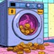 A cartoon-style illustration of a washing machine filled with cryptocurrency coins, with a sign reading "Anonymous Clean Blockchain," humorously referencing crypto laundering and digital currency