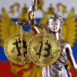 Symbol of law and justice, physical version of Bitcoin and Russia Flag. Prohibition of cryptocurrencies, regulations, restrictions or security, protection, privacy.