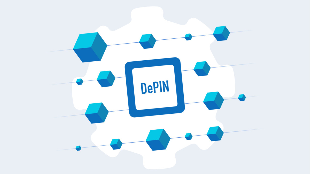 DePIN network illustration - decentralized physical infrastructure network with blockchain nodes. Depin blockchain modern flat vector concept 2026