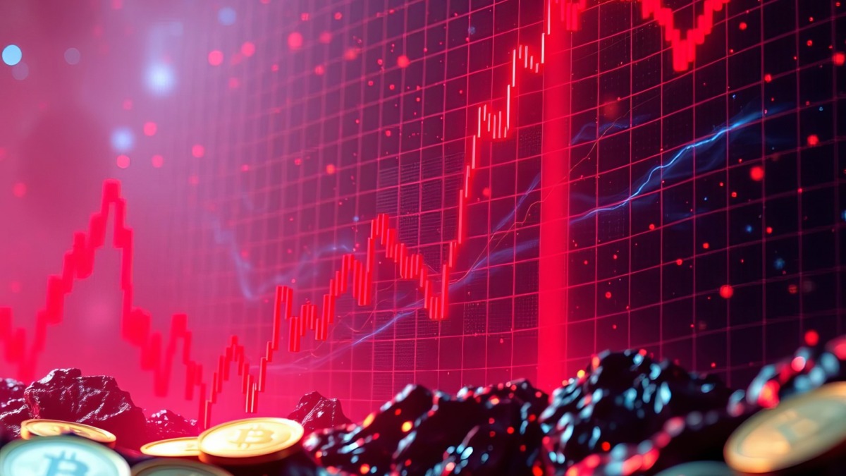 Digital currency plunge, red crypto chart falling to zero amidst panic sell off, graph, red