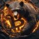 Fierce bear embracing a glowing bitcoin symbol surrounded by dramatic fiery lava, symbolizing cryptocurrency market volatility and bearish trends