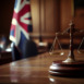 Courtroom with British flag, Supreme Court of United Kingdom. Scales of Themis, Judiciary, Judge. England Justice Judicial Authority. Appellate of House of Lords. Judicial scales in court. Ai generate