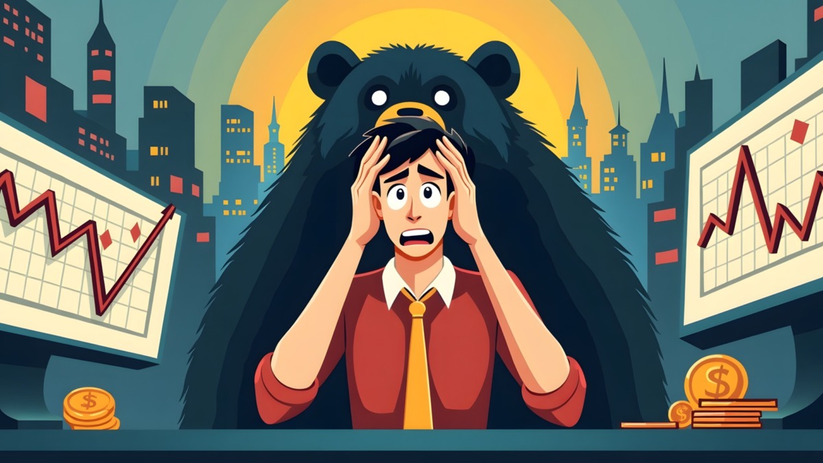 Vector illustration of a stressed trader facing market fear, with dramatic red stock charts and bearish symbolism.