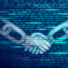 Blockchain technology agreement handshake business concept low poly. Icon sign symbol binary code numbers design. Hands chain link internet hyperlink connection blue vector illustration art