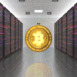 Bitcoin Blockchain Mining In Progress. High Tech Futuristic Server Room. Gold Bitcoin. Technology And Business Related 3D Illustration Render