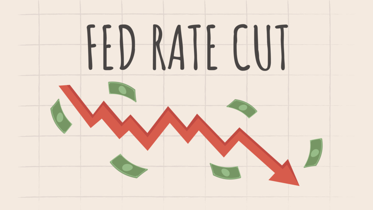 Fed rate cut. Federal reserve big interest rate down. Modern vector illustration with an arrow pointing down, 3d flying banknotes and text. Economy concept.