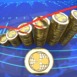 Ripple graph, digital currency rising in market value - symbolized by a gold coin and blue digital background.