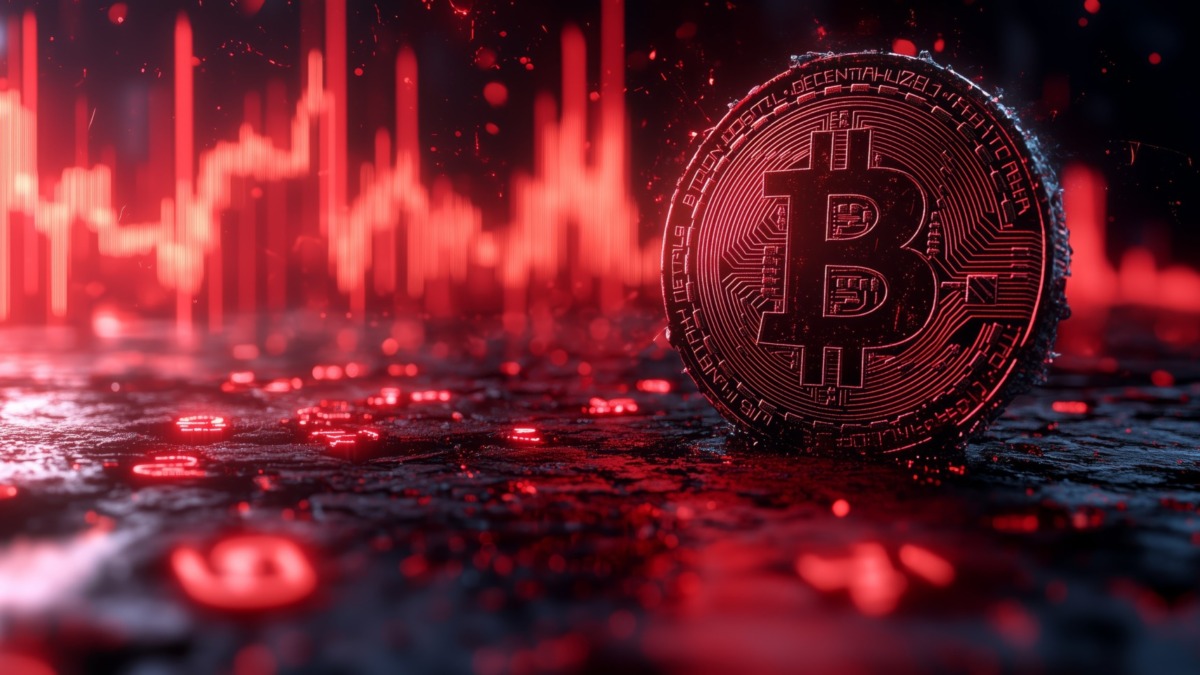 Dark fintech artwork showing bitcoin collapse in fire and lava, dramatic symbol of bearish trend and market crash.