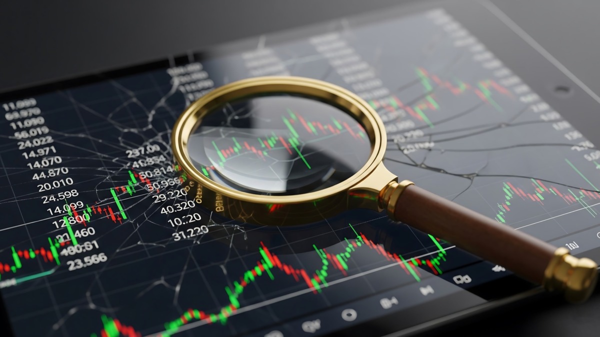 A magnifying glass examines a cracked tablet displaying a stock market chart, symbolizing scrutiny of financial data amidst market volatility.