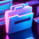 A vibrant illustration showcasing digital folders & cards, illuminated with neon lights, on a reflective surface, evoking modern data security.