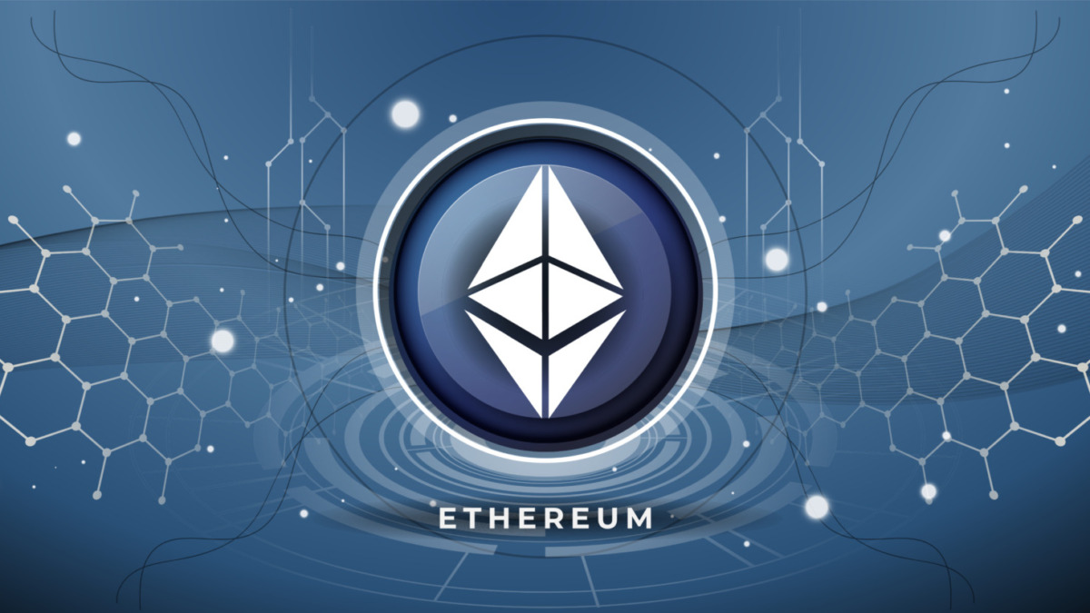 Ethereum logo with crypto currency themed blue background design. Modern neon color banner for Ethereum ETH logo diamond icon. Cryptocurrency, Blockchain technology, token exchange. Vector thumbnail.