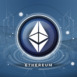 Ethereum logo with crypto currency themed blue background design. Modern neon color banner for Ethereum ETH logo diamond icon. Cryptocurrency, Blockchain technology, token exchange. Vector thumbnail.