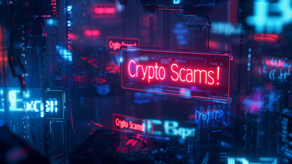 A dramatic display of a red neon "Crypto Scam" sign set in a deep blue-toned, steampunk-inspired world. The background features mechanical elements, gears, and cyberpunk vibes, creating an ominous atmosphere.