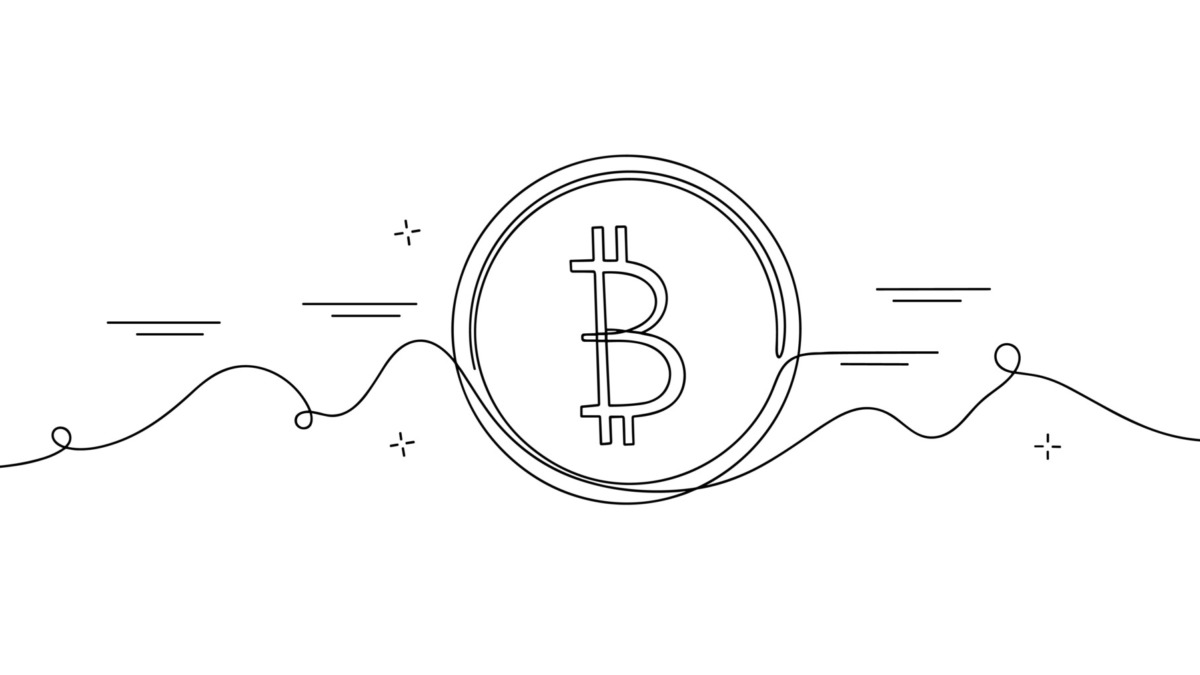 Minimalist bitcoin icon on white background with abstract wave design. None editable stroke