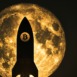 Silhouette of a rocket shaped like a bitcoin against the moon, high contrast, night scene