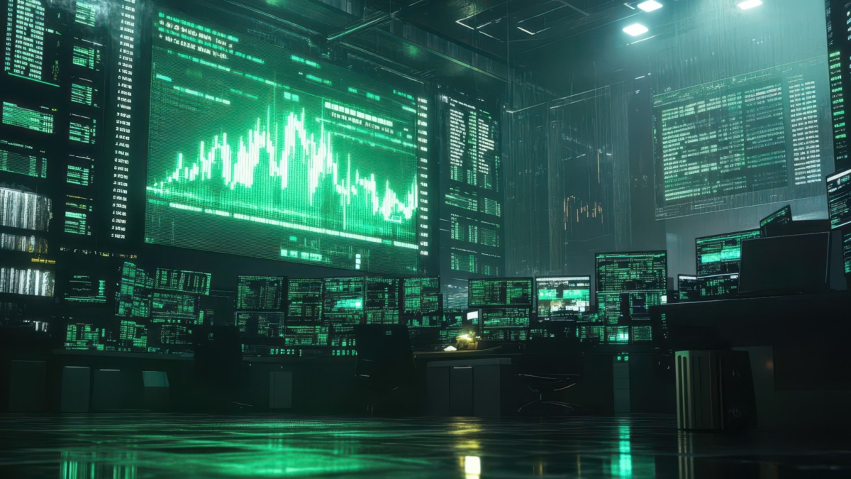 Digital wall in financial hub displaying crypto market spike