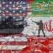 Concept of Conflict between USA and Iran war , US America and Iran flags on split up cracked earth ground