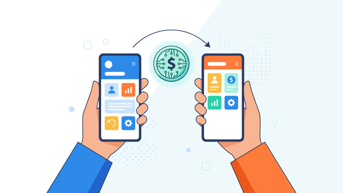 Smartphone mobile payment. Hands holding phones exchanging digital coin. Peer to peer transaction. Fintech banking app. Wireless crypto technology. Electronic wallet business