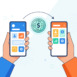 Smartphone mobile payment. Hands holding phones exchanging digital coin. Peer to peer transaction. Fintech banking app. Wireless crypto technology. Electronic wallet business