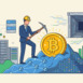 Bitcoin Mining Concept Flat Vector Illustration Featuring a Businessman in a Suit and Hard Hat Using a Pickaxe to Mine Cryptocurrency on a Digital Data Mountain with Servers and Blockchain.