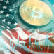 Bitcoin coin floats over an American flag and stock market data shows financial trends