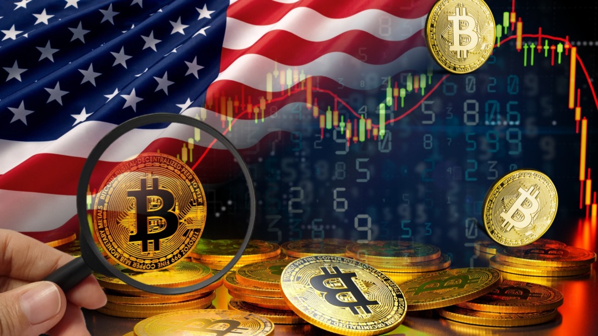 Bitcoin, the American flag, economic data charts. Illustrating the volatility of the cryptocurrency market.