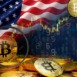 Bitcoin, the American flag, economic data charts. Illustrating the volatility of the cryptocurrency market.
