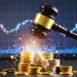 Judge gavel hitting coin stack with financial chart sparks flying