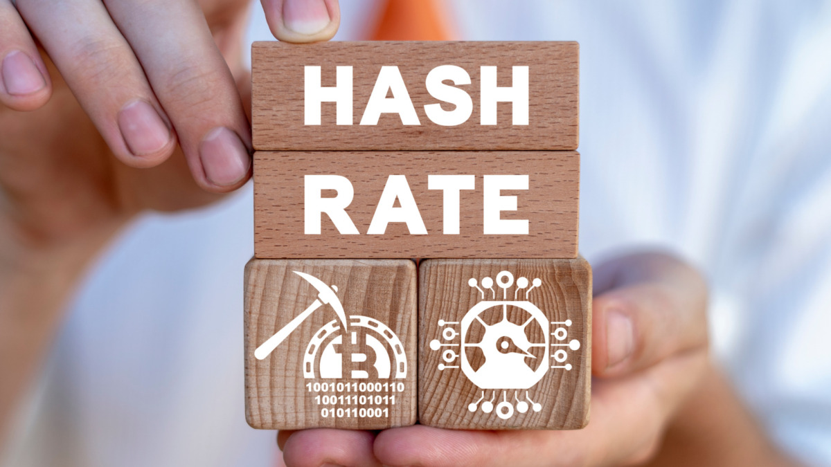 Concept of crypto currency hash rate computing technology. Bitcoin BTC hash rate has increase. Mining power has grown.