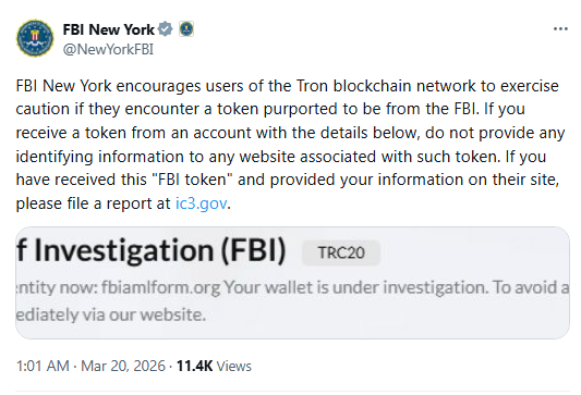 Fake “FBI” Tokens Target Tron Users in New Crypto Scam