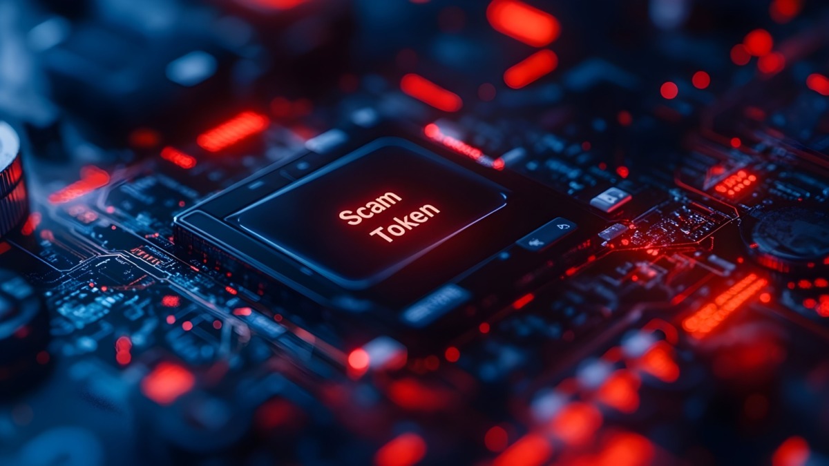 Electronic chip with glowing label “Scam Token”, visual metaphor for digital currency fraud, blockchain scam, or cryptocurrency deception.