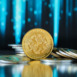 Xrp cryptocurrency. Inscribed gold coins are stacked on a reflective surface, while colorful financial graphs show trends in the background, suggesting investment themes.