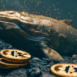 Crypto Whales manipulate the market and effect to the bitcoin and other cryptocurrencies golden whale and bitcoins in the sea
