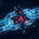 cybersecurity concept with broken digital wireframe chain links and red warning alert icons representing data breach network failure system vulnerability and blockchain security risk