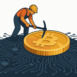Bitcoin mining metaphor: Small cartoon miner figure with hard hat and pickaxe works on a large BTC coin embedded in a complex circuit board, illustrating digital currency extraction.