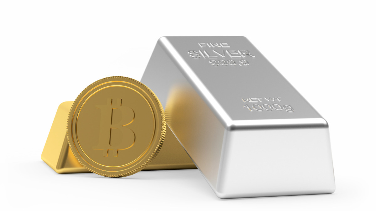 Bitcoin with pure gold and silver bars. 3D illustration.