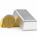 Bitcoin with pure gold and silver bars. 3D illustration.